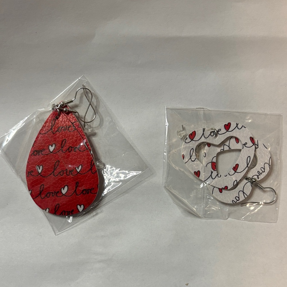 Faux Leather Earrings Red and White Love Earrings Set